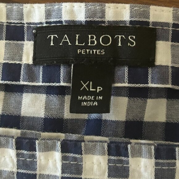 Talbots Navy Gingham Eyelet Trim Blouse Size XL Petite Square Neck 3/4 Sleeves - Picture 7 of 13